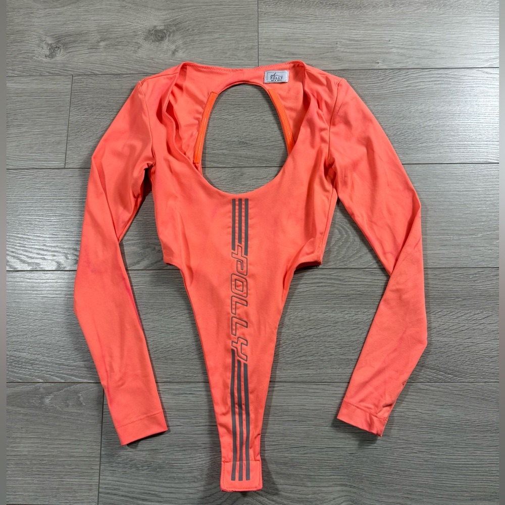 Oh polly High Cut Leg Orange Reflective Long Sleeve Bodysuit - Picture 3 of 13